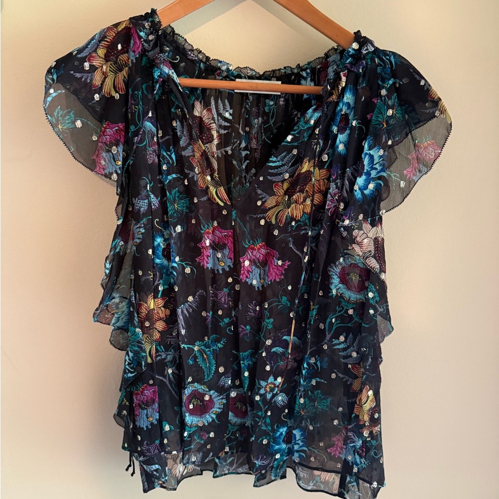 Ulla Johnson Blue and Pink Flutter Sleeve Blouse